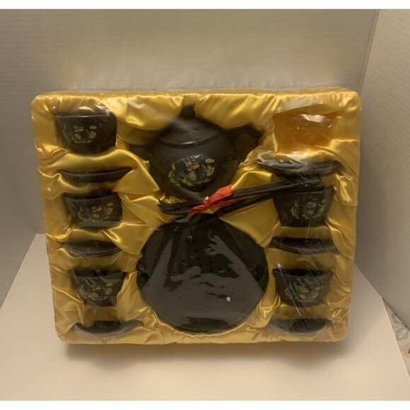 Japanese Dark Ceramic Raku Teacups and Saucers w Dragon Transferware Tea Set. - Picture 1 of 5